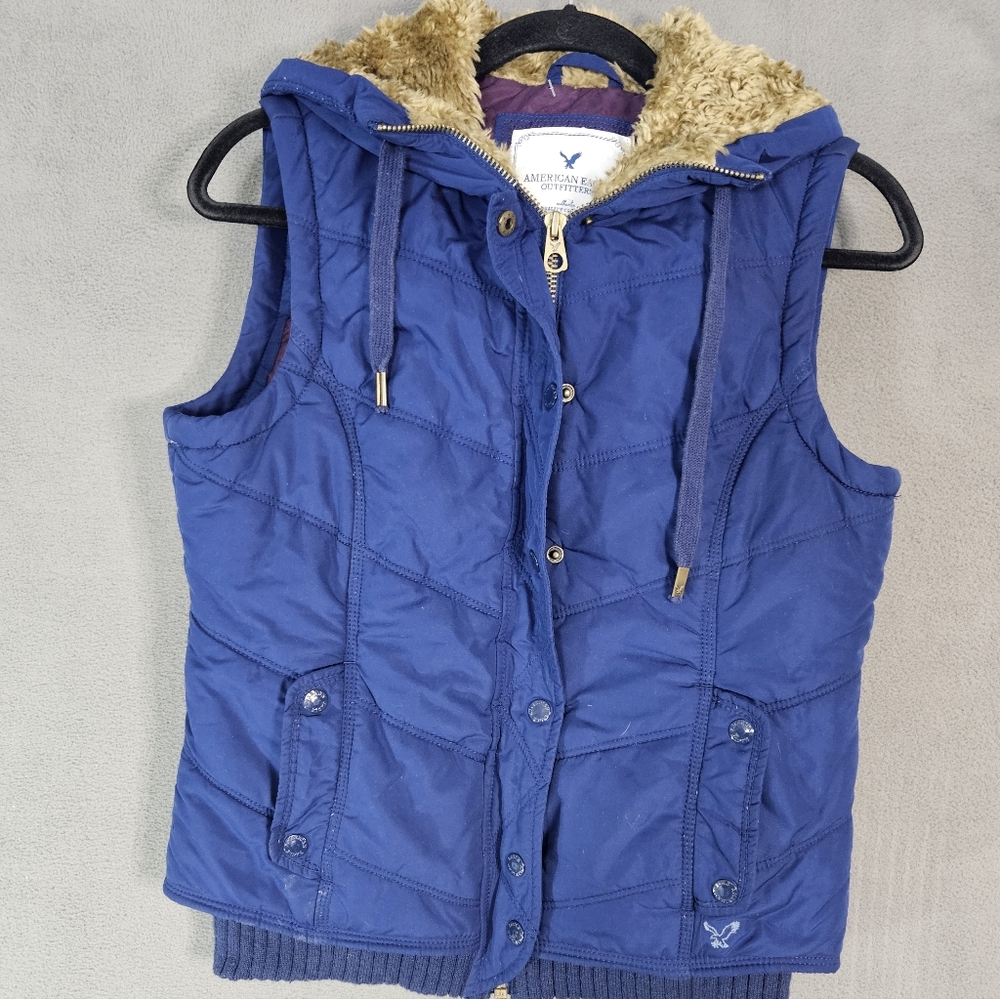 American Eagle Y2K Women Vest Jacket Sherpa Hood Sleeveless Blue Full Zip Medium